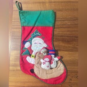 Vintage Christmas Stocking Santa and Christmas Tree w/ 3D Plush Snowmen & Bear